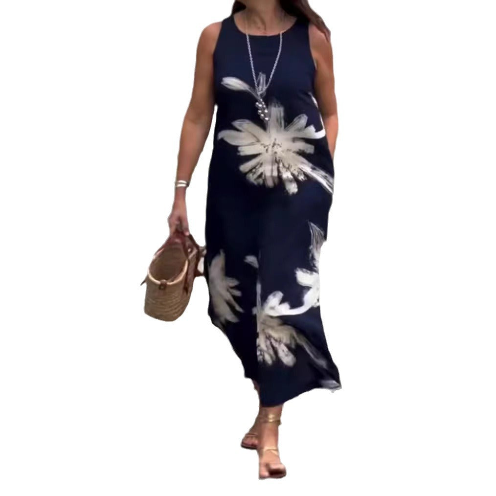 Damen nan ärmelloses lässiges Maxikleid aus Leichtjersey mit großflächigem Pinselblumenmuster und versteckten Seitentaschen R&B