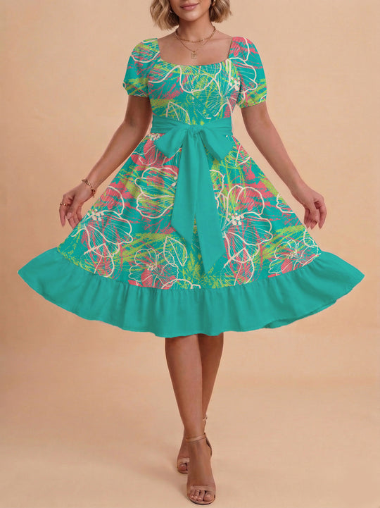 Damen Blumenkleid mit taillierbarem Gürtel und voluminösen Ärmeln R&B