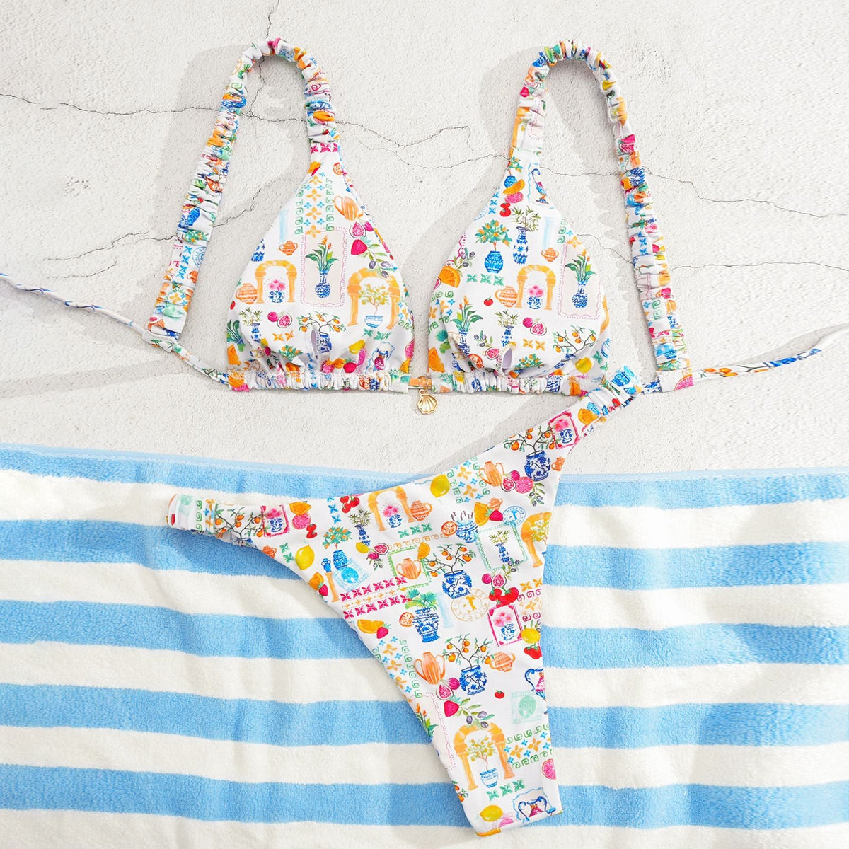 Damen Triangel-Bikini mit buntem Blumenmuster und verstellbaren Trägern R&B