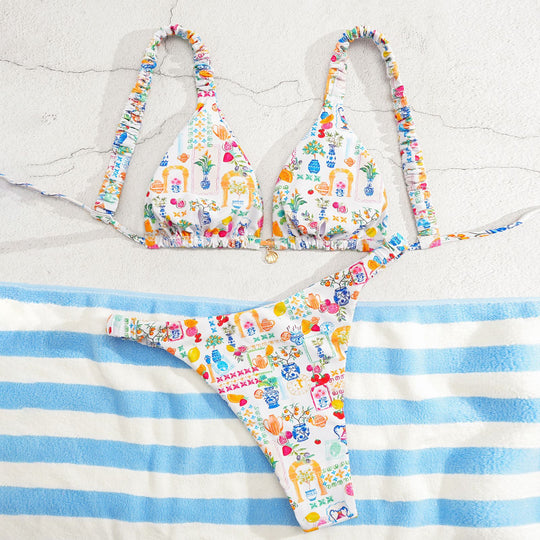 Damen Triangel-Bikini mit buntem Blumenmuster und verstellbaren Trägern R&B