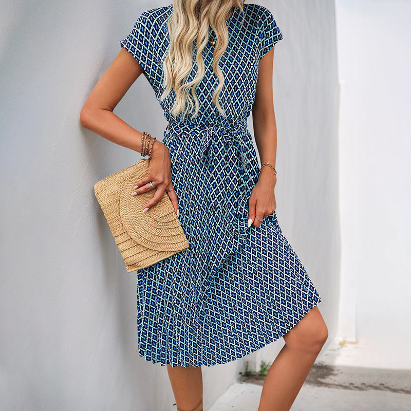 Damen Midi Sommerkleid mit bindbarem Taillengürtel und grafischem Muster R&B