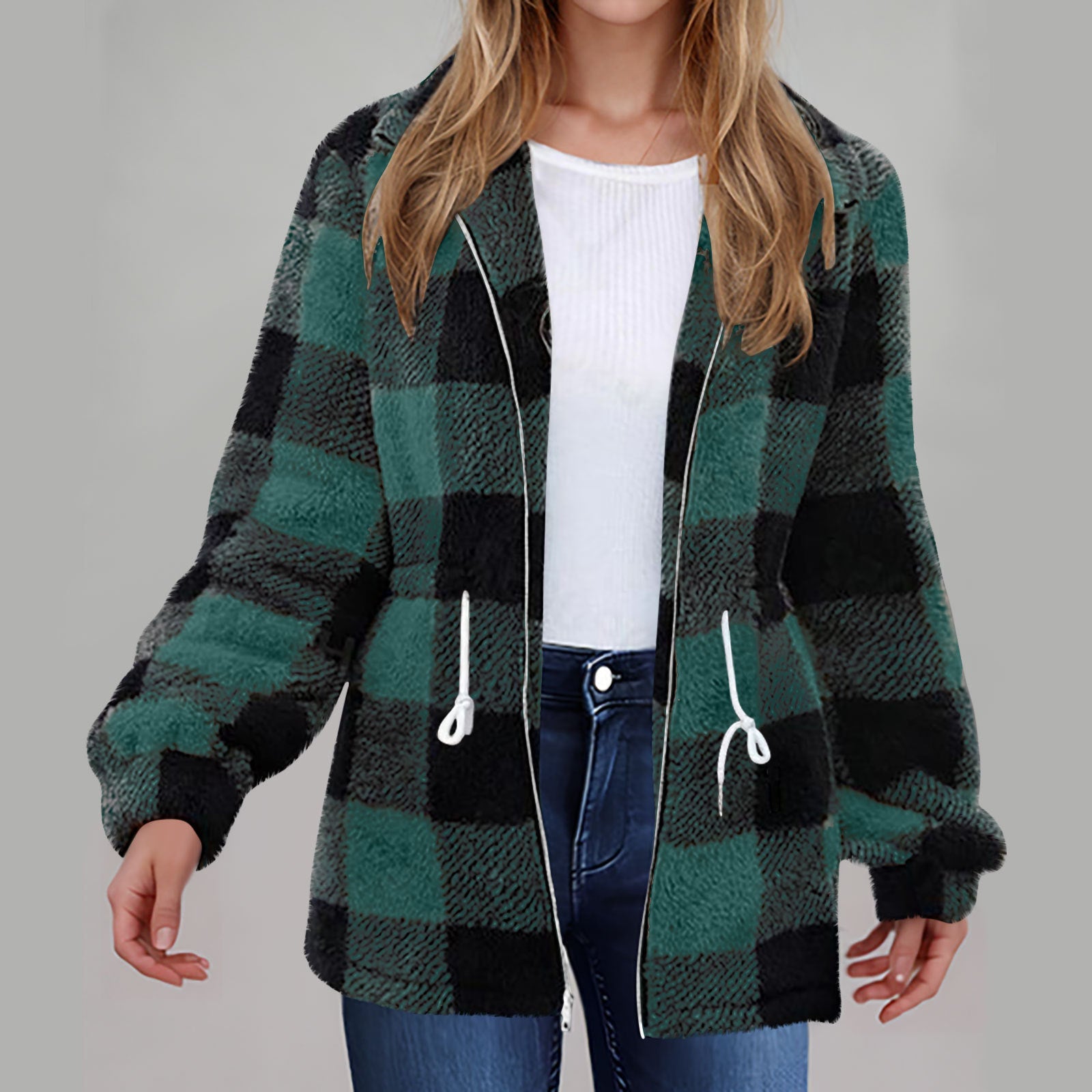 Damen Fleecejacke mit modischem Karomuster und praktischen Taschen