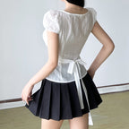 Damen Kurzarm Hemdbluse mit eleganter Raffung und verspieltem BindR&Band R&B