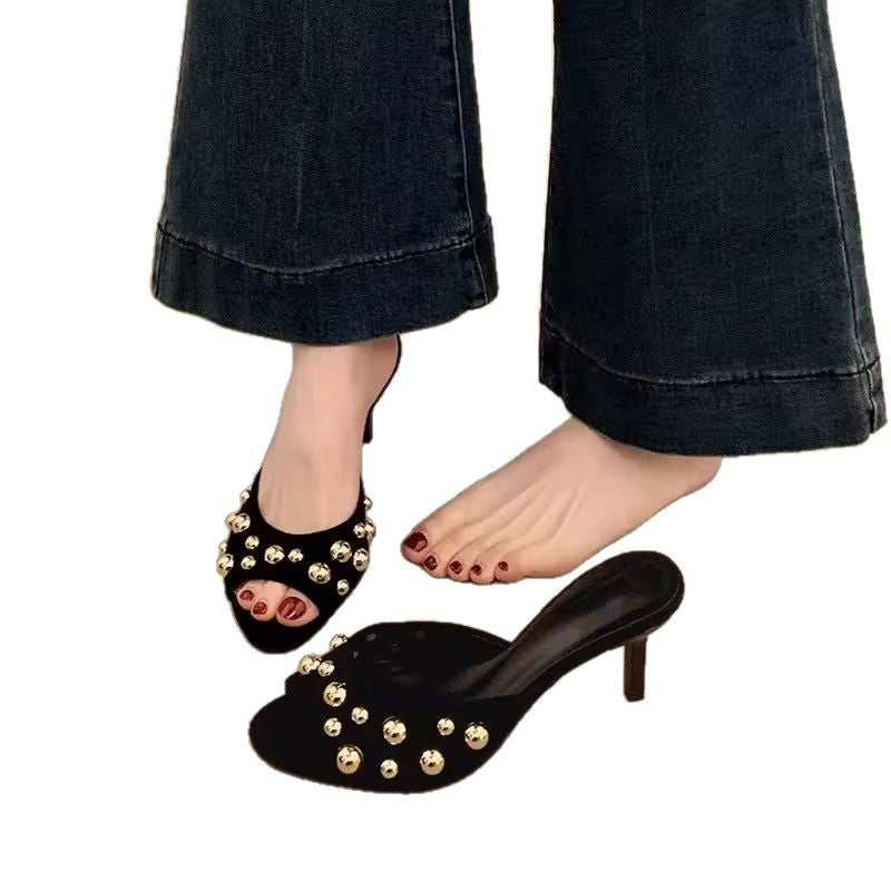 Damen elegante Mules mit goldenen Perlen R&B