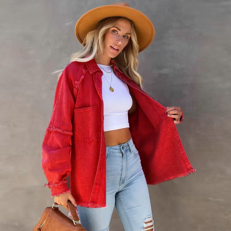 Damen Lässige Denim-Übergangsjacke im Vintage-Stil mit fransigen Details R&B