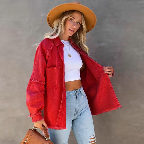 Damen Lässige Denim-Übergangsjacke im Vintage-Stil mit fransigen Details R&B