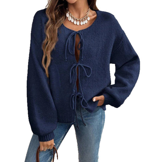 Damen Strickpullover mit dekorativem Schnürdesign und lässigen Ballonärmeln R&B