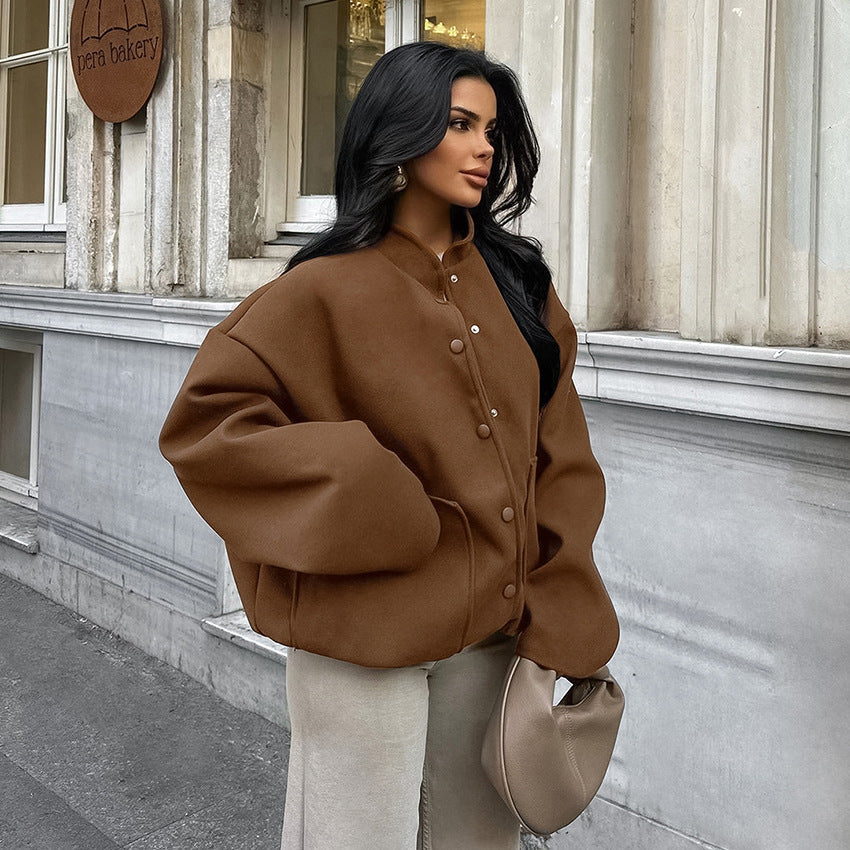 Damen Oversized Fleece-Jacke mit Druckknopfverschluss und seitlichen Taschen R&B