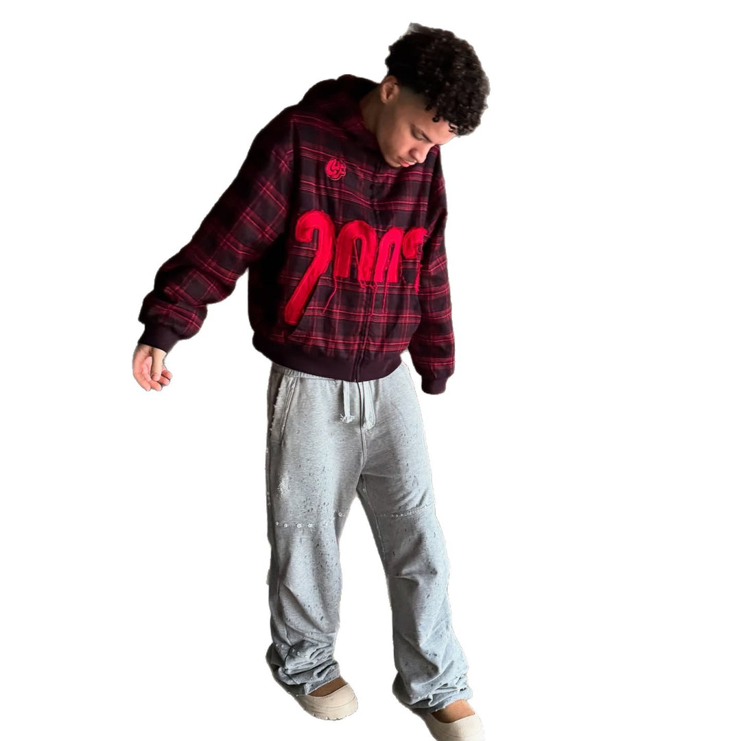 Unisex nan karierter Kapuzenpullover mit fransiger Jahreszahl-Applikation und Rippbündchen R&B