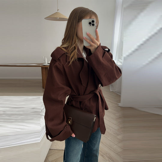 Damen Elegante oversized Trenchjacke mit Gürtel und strukturierten Ärmeln R&B