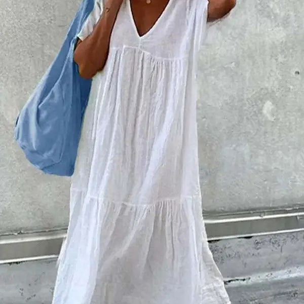 Damen lässiges Sommerkleid mit V-Ausschnitt und voluminösem Rock EB