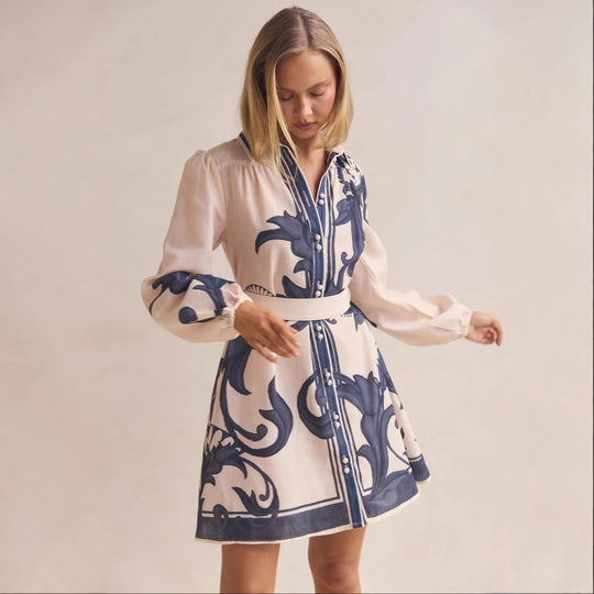 Damen Shirtkleid mit geschmeidigen Puffärmeln und floralem Design R&B