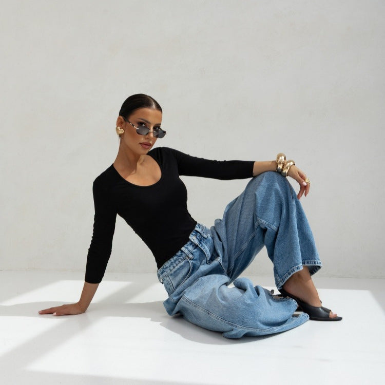 Damen figurbetontes Langarmshirt mit tiefem Ausschnitt R&B