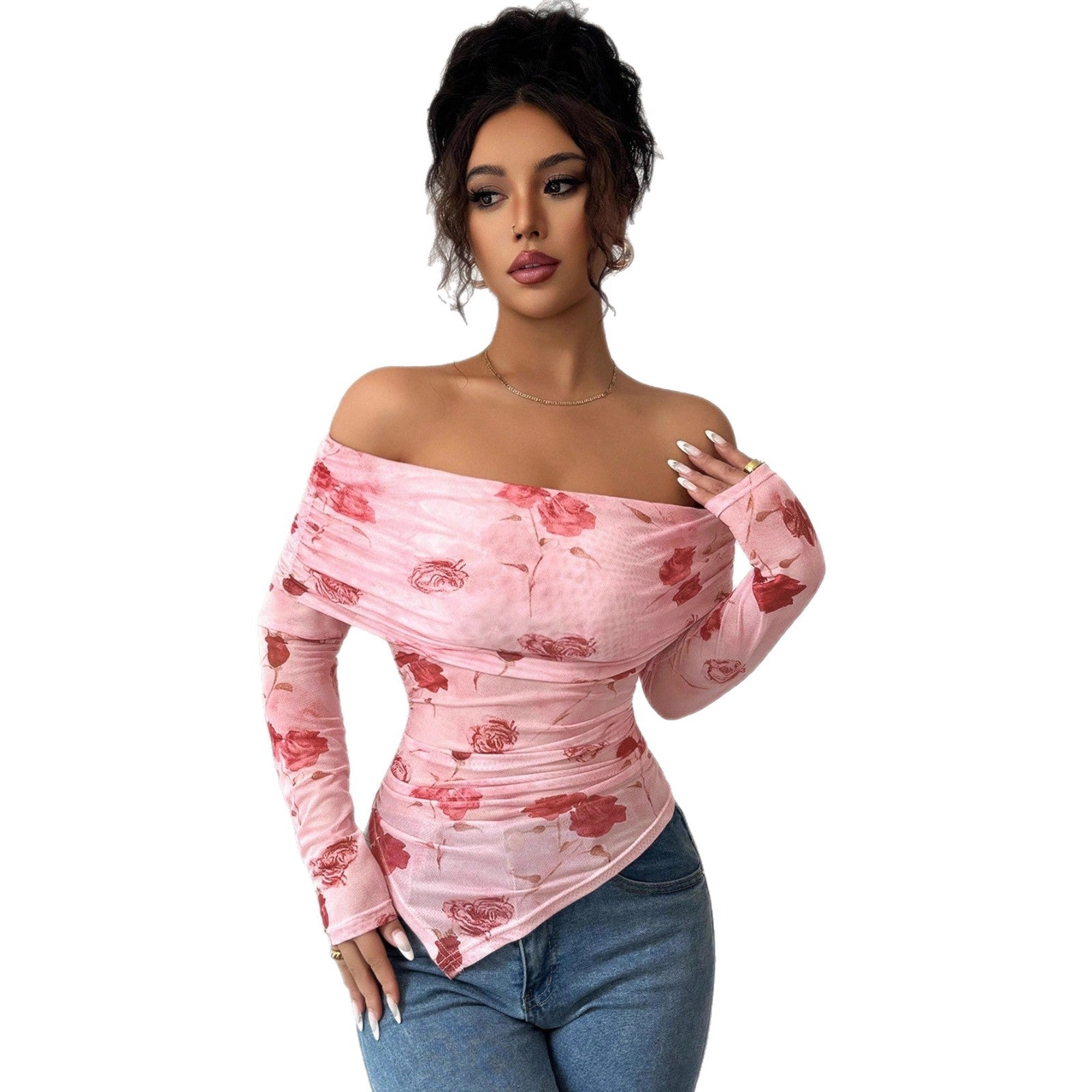 Damen nan schulterfreies gerafftes Langarm-Oberteil aus feinem Mesh mit floralem Print und taillierter Silhouette R&B