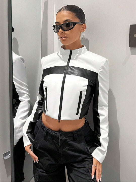 Damen Sportliche cropped Jacke aus Kunstleder mit Kontrastdetails R&B