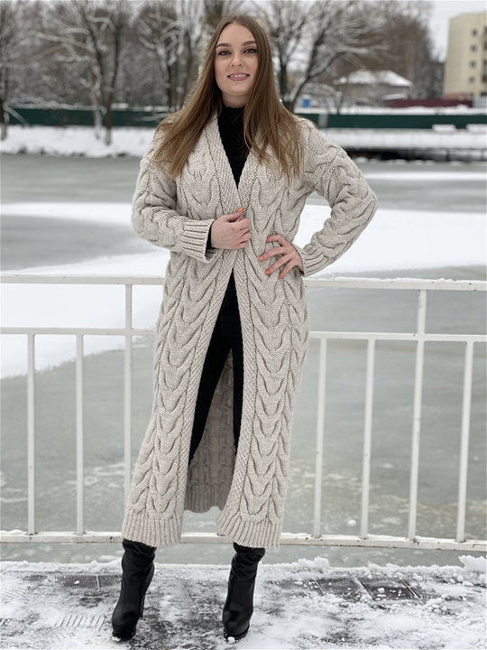 Damen Grobstrickmantel mit offenem Schnitt und praktischen Taschen R&B