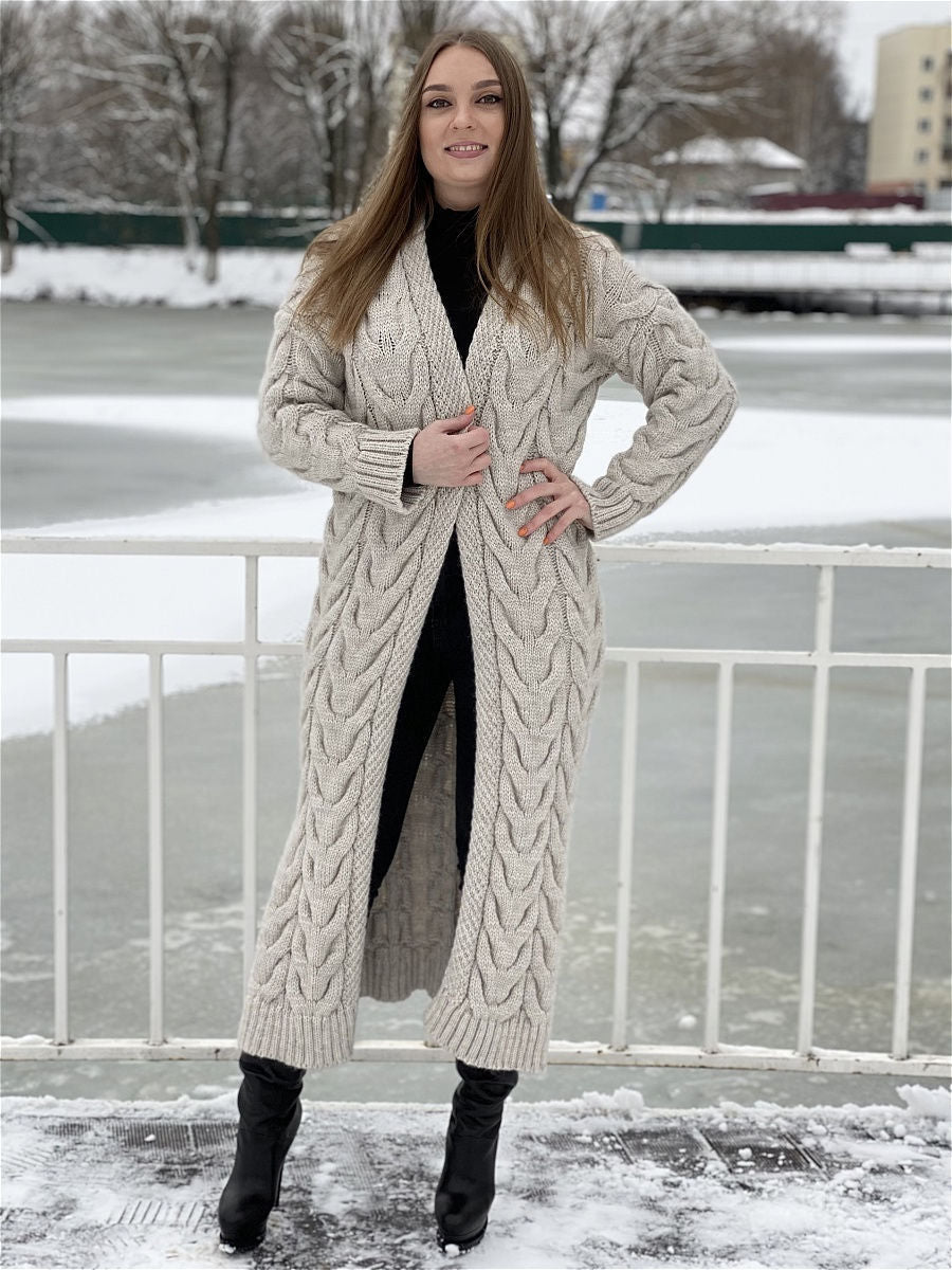 Damen Grobstrick-Mantel mit markantem Zopfdesign und offenem Schnitt R&B