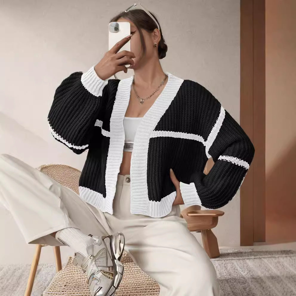Damen Grobstrickjacke mit voluminösen Ärmeln und modernem Karomuster R&B