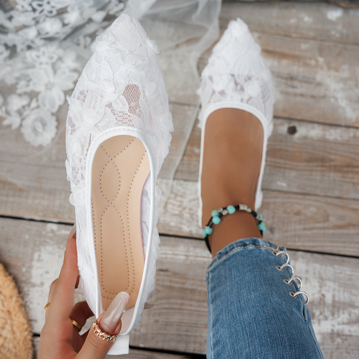 Damen elegante spitze Ballerinas mit floralen Akzenten R&B