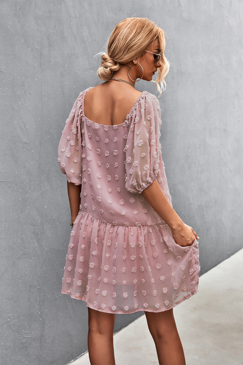 Damen Fließendes Minikleid mit 3/4-Ärmeln und verspieltem Rüschendesign R&B