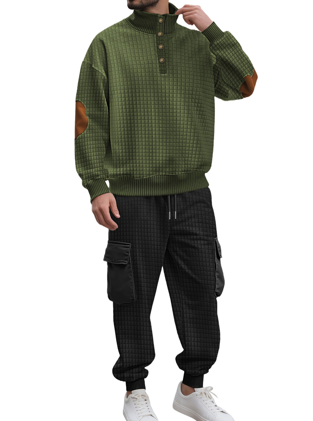 Herren nan Karo-Relief-Sweatset mit Stehkragen-Knopfleiste, Velours-Ellenbogenpatches und Cargo-Jogger R&B