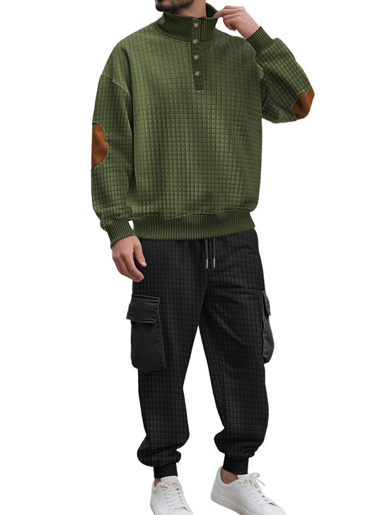 Herren nan Karo-Relief-Sweatset mit Stehkragen-Knopfleiste, Velours-Ellenbogenpatches und Cargo-Jogger R&B