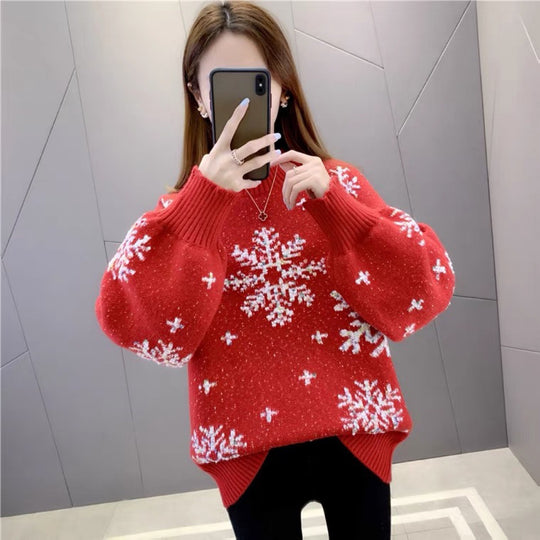 Damen Strickpullover mit Wintermotiv und Puffärmeln R&B