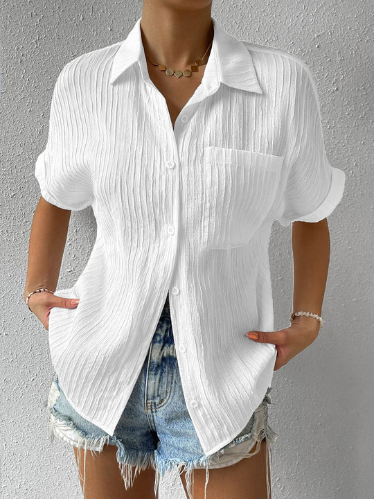 Damen lässige kurzärmlige Bluse mit Struktur und Brusttasche R&B