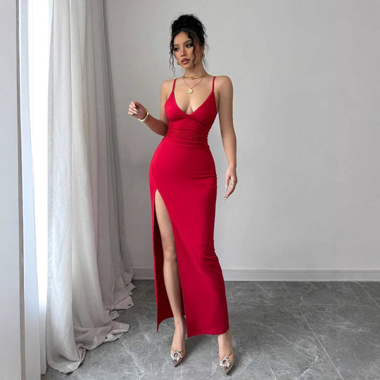 Damen Maxikleid mit seitlichem Schlitz und Spaghetti-Trägern R&B