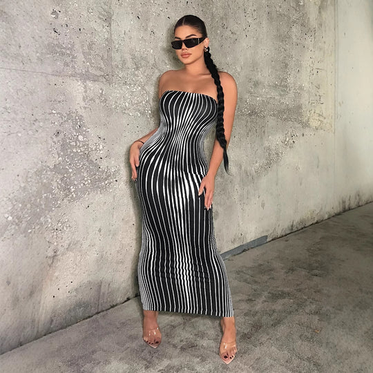 Damen Maxikleid mit raffiniertem Streifenmuster R&B