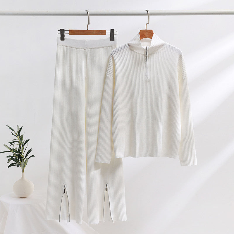 Damen lässiges Strickensemble mit hohem Kragen und seitlichen Schlitzen R&B