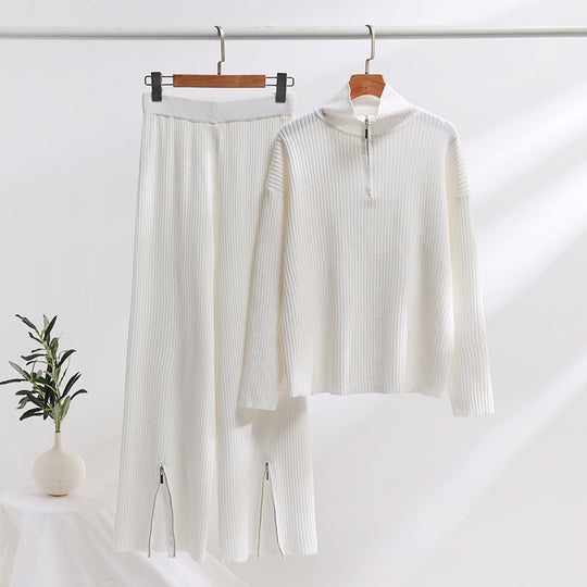 Damen lässiges Strickensemble mit hohem Kragen und seitlichen Schlitzen R&B