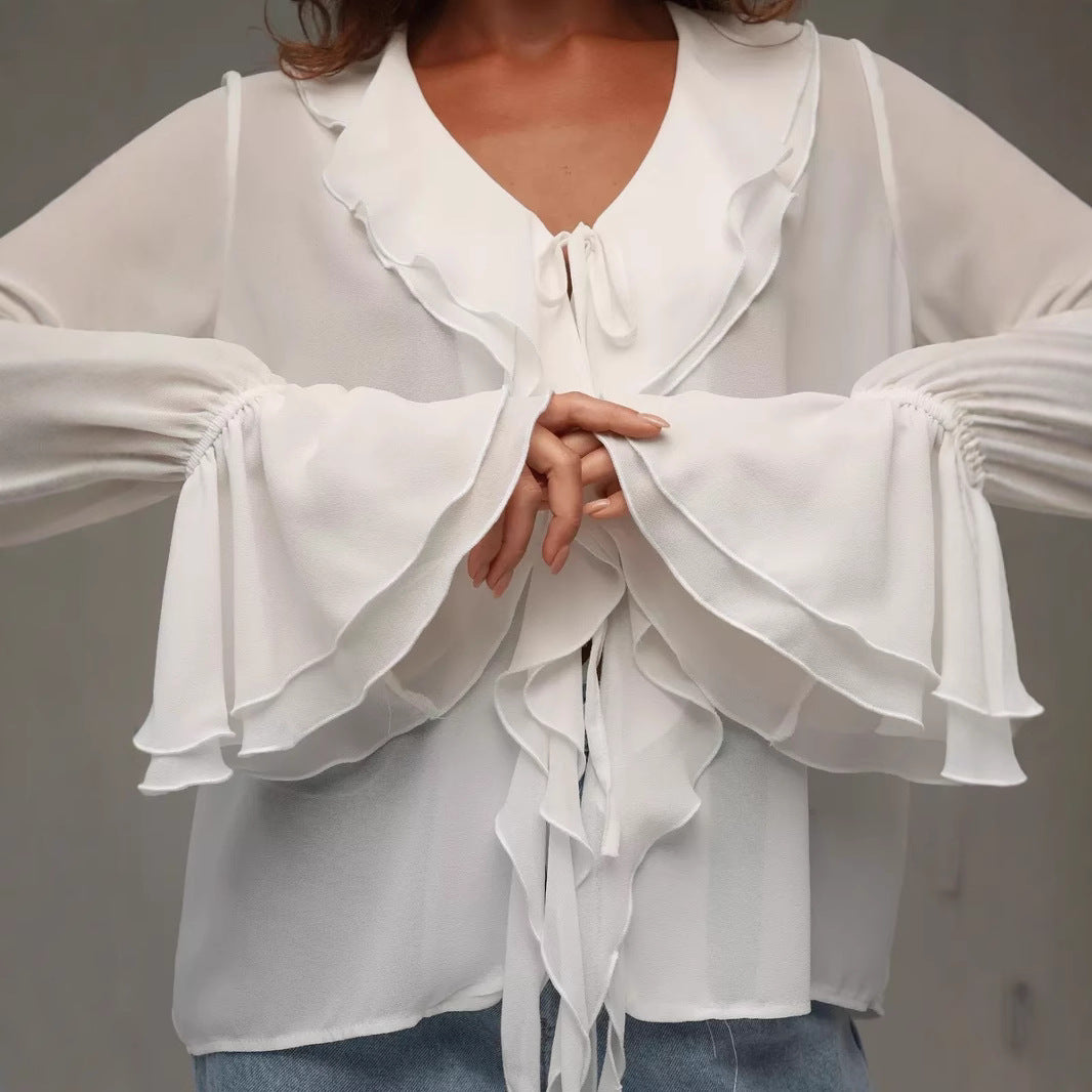 Damen leichtes Chiffon-Blusenshirt mit Rüschen und Kordelzug R&B