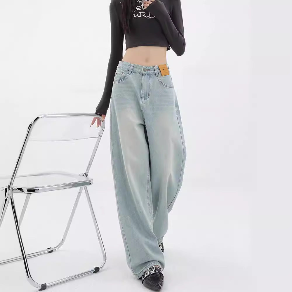 Damen Weit geschnittene Denim-Hose mit lässigem Design und hoher Taille R&B