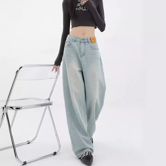 Damen Weit geschnittene Denim-Hose mit lässigem Design und hoher Taille R&B