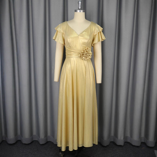 Damen glamouröses Abendkleid mit elegantem V-Ausschnitt und voluminösen Rüschensäumen R&B