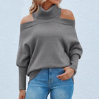 Damen Oversized-Strickpullover mit schulterfreiem Design und hohem Kragen