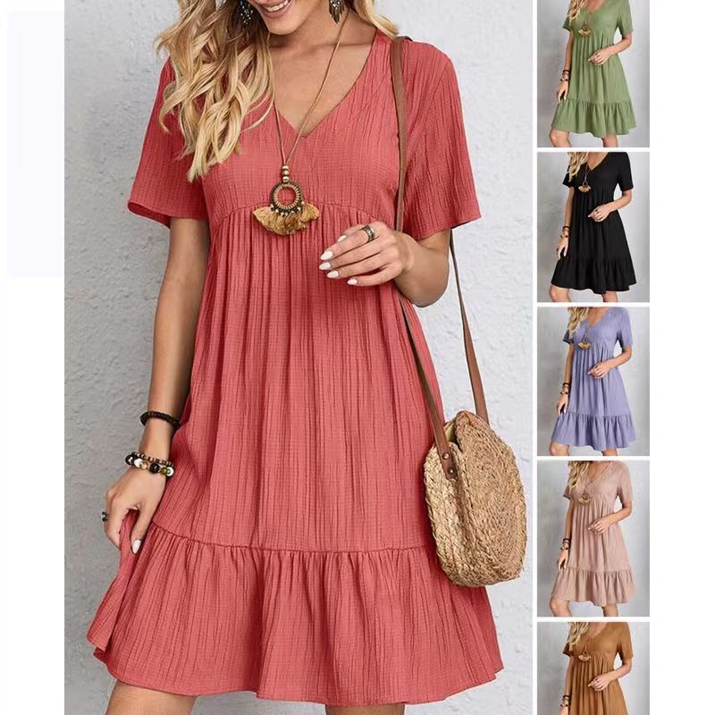 Damen lässiges V-Ausschnitt Kleid mit Schößchen und Rüschendetails R&B