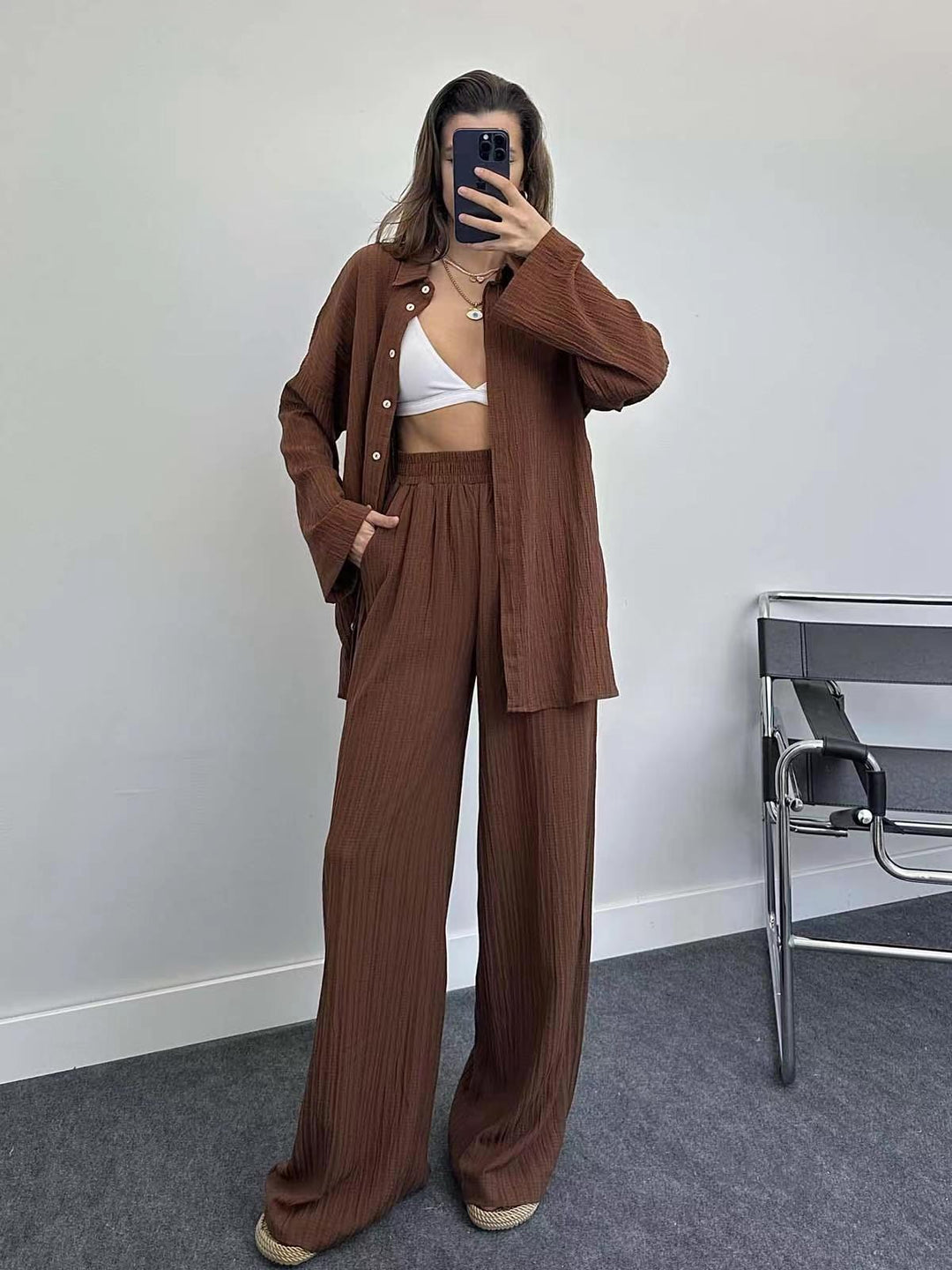 Damen lässiges Übergrößen-Hemd und lockere Hose Set R&B