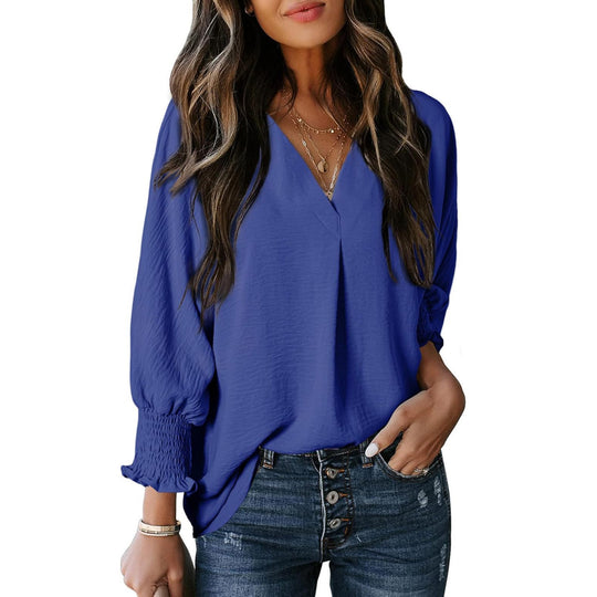 Damen V-Ausschnitt Bluse mit lässigen Ballonärmeln und Rüschendetails R&B