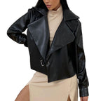 Damen Modische Kunstlederjacke mit elegantem Reverskragen und asymmetrischem Schnitt R&B