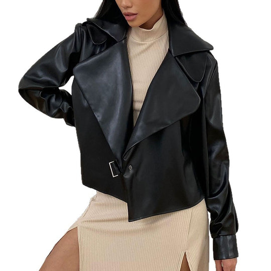 Damen Modische Kunstlederjacke mit elegantem Reverskragen und asymmetrischem Schnitt R&B