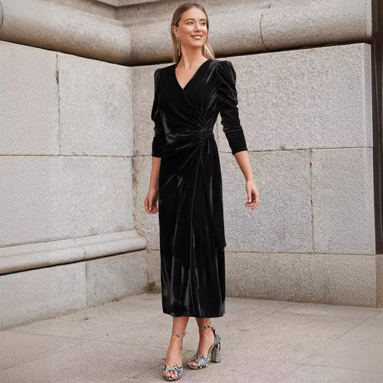 Damen Elegantes Wickelkleid mit Puffärmeln und Goldakzenten R&B