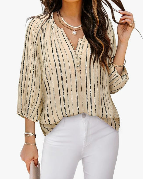 Damen Blusenshirt mit eleganten Streifen und femininen Details Heidi-Mode