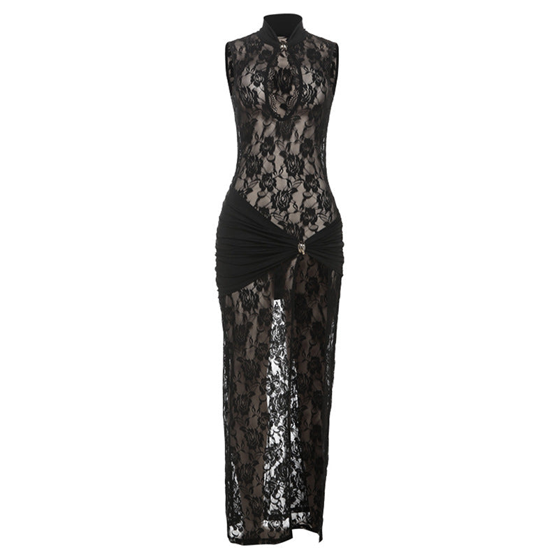 Damen Transparente Spitzenkleid mit elegantem Drapierungsdesign R&B