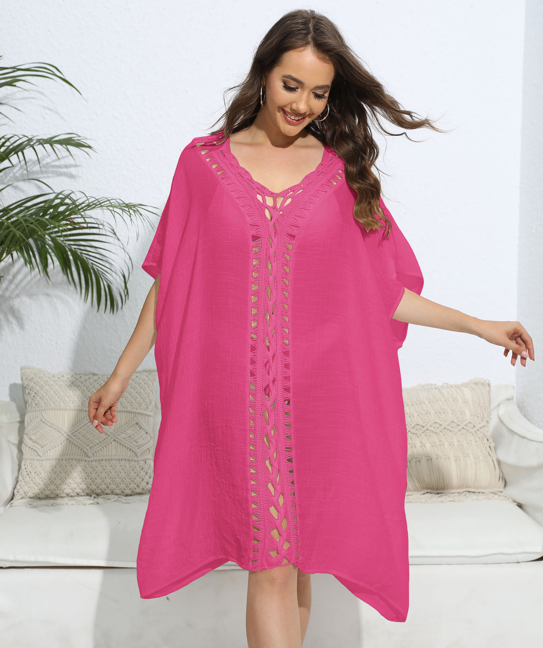 Damen luftiger Kaftan mit filigranem Häkelmuster R&B