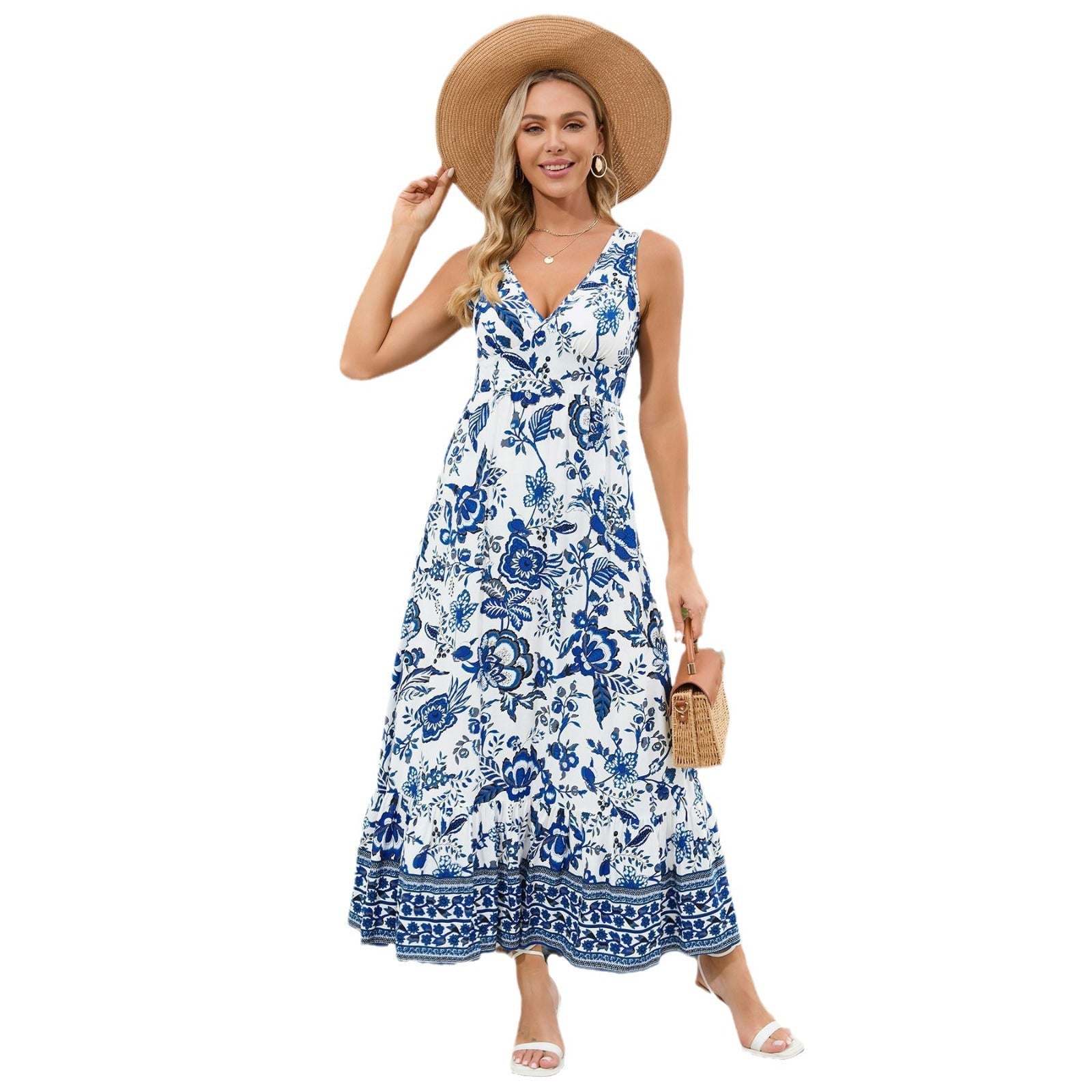 Damen Langes Maxikleid mit floralem Design und voluminösem Saum R&B