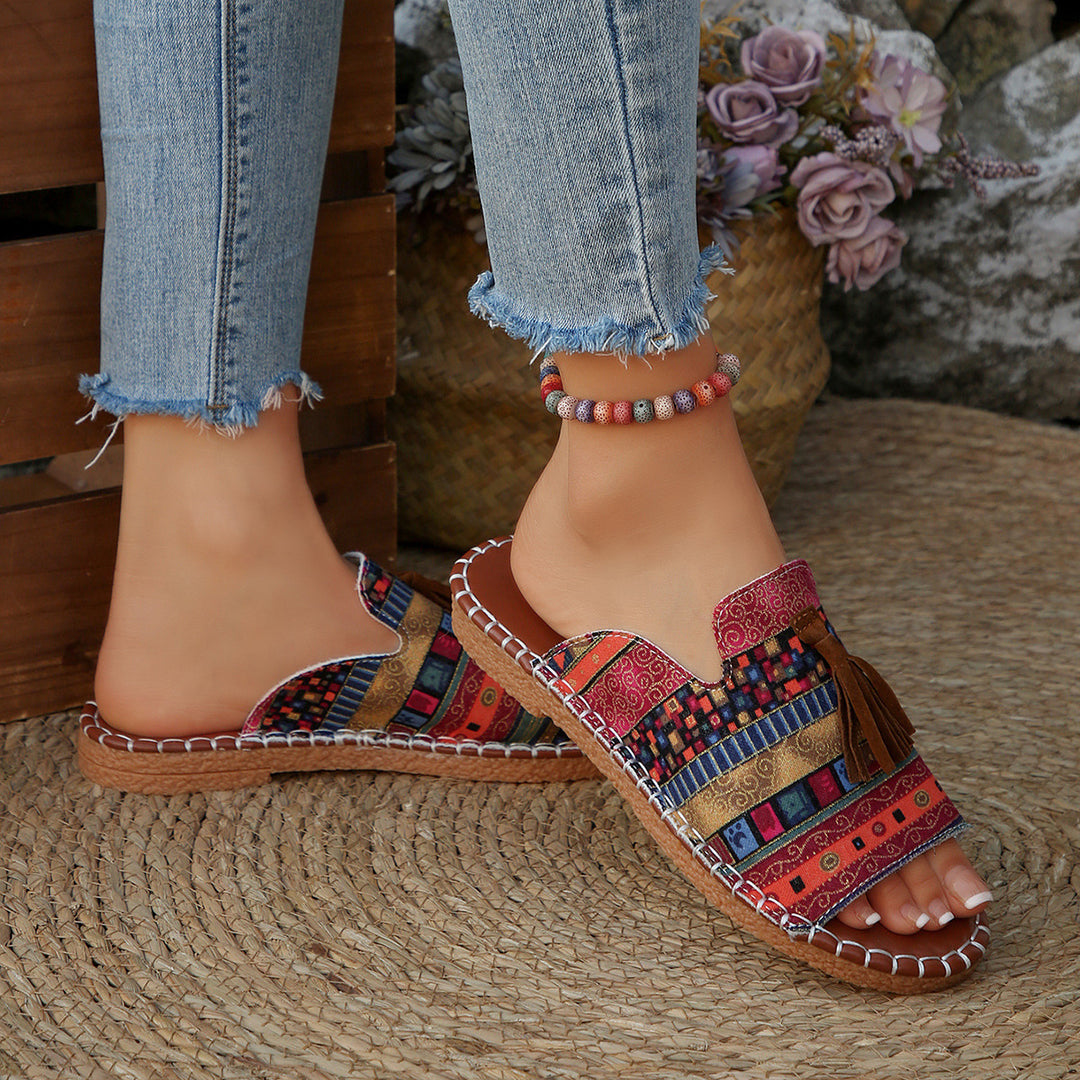 Damen bequeme Pantoletten mit buntem Streifen-Design und Quasten-Detail R&B