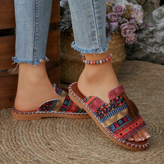 Damen bequeme Pantoletten mit buntem Streifen-Design und Quasten-Detail R&B