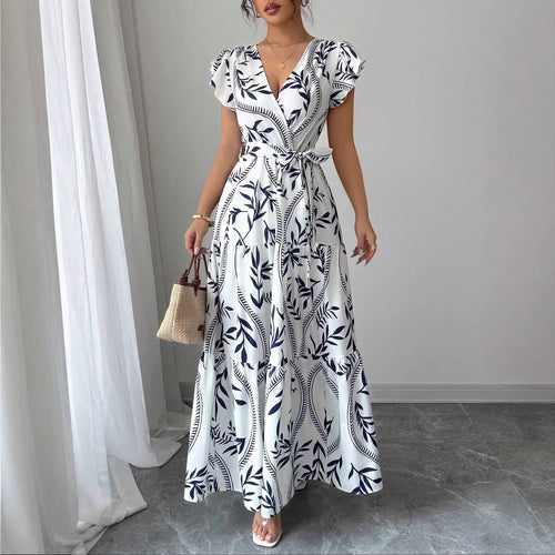 Damen Maxikleid im boho-inspirierten Design mit floralen Elementen und taillierbarem Gürtel R&B